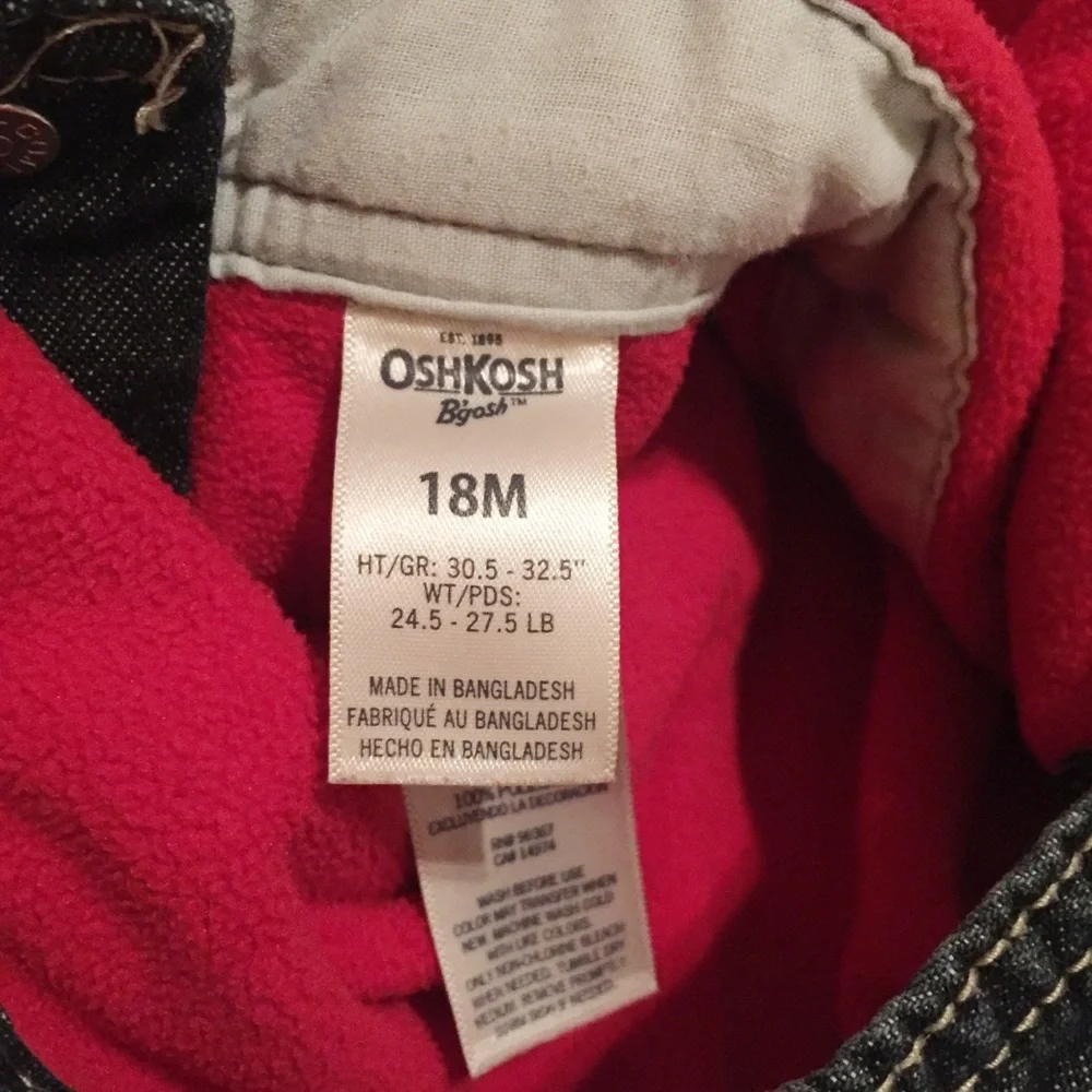 OshKosh B'gosh Vestbak Polar Fleece Lined Bib Overalls Denim Toddler Size 18M